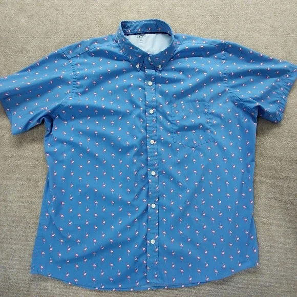 IZOD Mens XXL All Over Flamingo Print Blue Performance Button Up Beach Collared - Picture 7 of 8